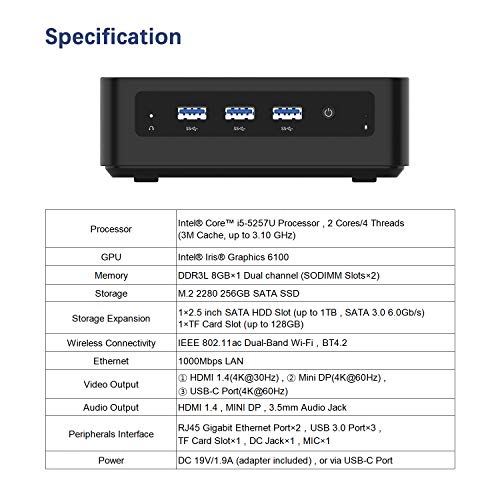 Mini PC 8GB de RAM Actualizable SSD de 256 GB Procesador Intel Core i5-5257U (hasta 3.1Ghz),Ordenadores de Sobremesa Windows 10 Pro 4K HD con Puerto USB-C/HDMI/Mini DP,2X Ethernet Wi-Fi Dual