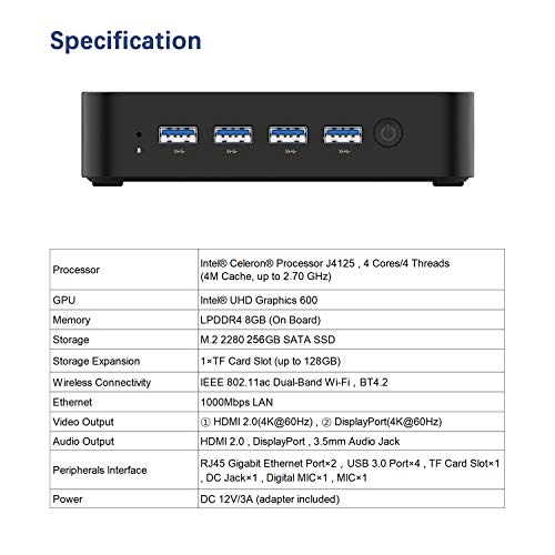 Mini PC 8GB LPDDR4 256GB SSD Procesador Intel Celeron J4125 Quad Core (hasta 2.7GHz) Windows 10,4X Puertos USB 3.0, 2X Gigabit Ethernet, Micrófono Digital, HDMI 2.0 / Mini DP, Wi-Fi de Doble, BT 4.2