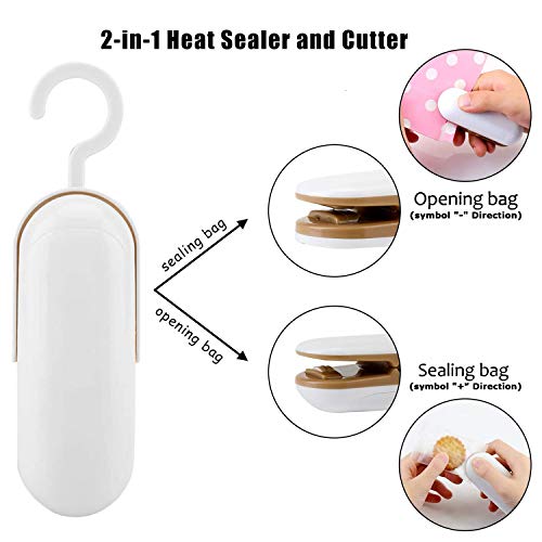 Mini sellador de Calor, Máquina Portátil de Sellado, 2 in 1 Bolsas Para Cortar y Cerrar, Heat Sealing Machine para Comida y Merienda Bolsa de Almacenamiento (Batería no incluida) - Blanco + Marrón