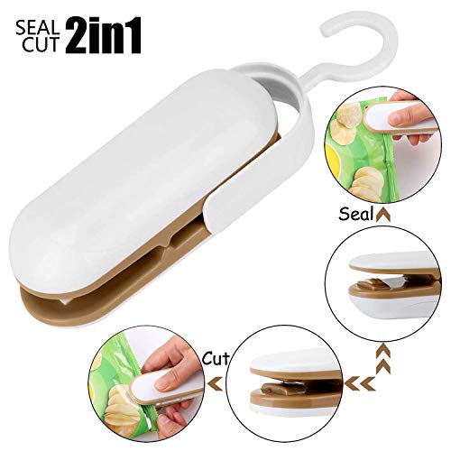 Mini sellador de Calor, Máquina Portátil de Sellado, 2 in 1 Bolsas Para Cortar y Cerrar, Heat Sealing Machine para Comida y Merienda Bolsa de Almacenamiento (Batería no incluida) - Blanco + Marrón