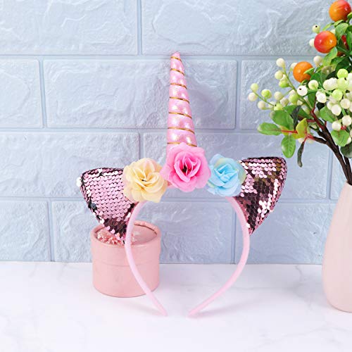 Minkissy 2pcs diademas de unicornio, lindas lentejuelas brillantes orejas de gato diademas de unicornio para fiesta de cumpleaños