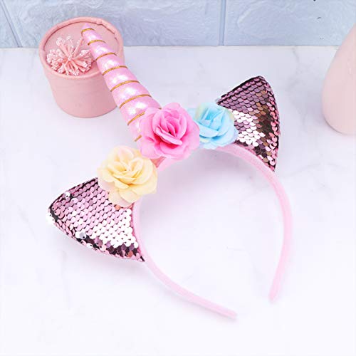 Minkissy 2pcs diademas de unicornio, lindas lentejuelas brillantes orejas de gato diademas de unicornio para fiesta de cumpleaños