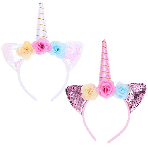 Minkissy 2pcs diademas de unicornio, lindas lentejuelas brillantes orejas de gato diademas de unicornio para fiesta de cumpleaños