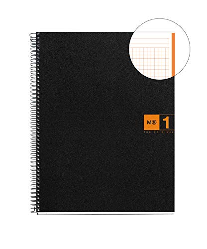 Miquelrius - Cuaderno A5, 80 hojas (franja de un color), cuadrícula 5 mm, tapa de polipropileno color negro/naranja