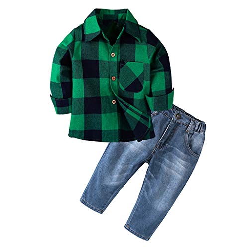 Mitlfuny Conjunto de 2 Piezas Cuadros Blusas + Vaquero Pantalones Jeans Ropa de Bebé Camisetas de Manga Larga Niñas Niños Solapa Botón Verde Camisas Tops Primavera Otoño Trajes Niño 1-6 Años