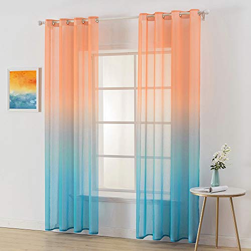 MIULEE 2 Hojas Cortinas Degradado Semitranslúcida Poliéster Visillo Suave para Ventanas Gasa Moderna con 8 Anillas para Dormitorio Hogar Habitación Balcon Salón 140x225cm Naranja Agua Azúl