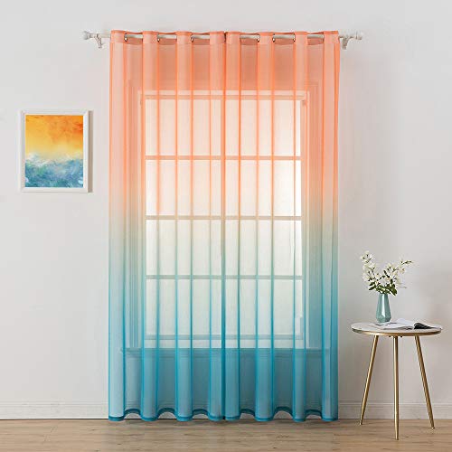 MIULEE 2 Hojas Cortinas Degradado Semitranslúcida Poliéster Visillo Suave para Ventanas Gasa Moderna con 8 Anillas para Dormitorio Hogar Habitación Balcon Salón 140x225cm Naranja Agua Azúl