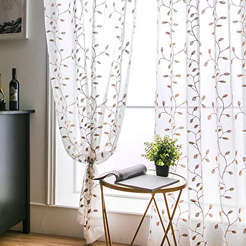 MIULEE 2 Unidades Cortinas Bordado Translucida de Dormitorio Moderno Ventana Visillos Rayas Salon Paneles con Ojales Plateados para Sala Cuarto Comedor Salon Cocina Habitación 140x225 Marrones