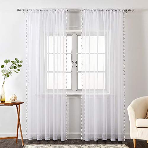 MIULEE Cortinas Bolsillo Poliéster Pom Translucida de Dormitorio Moderno Ventana Visillos Salon para Sala Cuarto Dormitorio Comedor Salon Cocina Salón de 2 Unidades 140 x 260cm Blanco