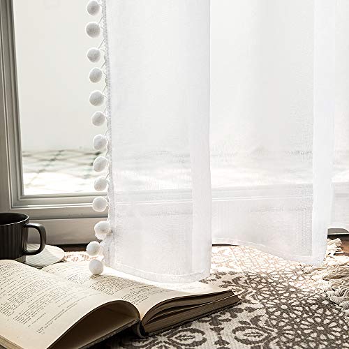 MIULEE Cortinas Bolsillo Poliéster Pom Translucida de Dormitorio Moderno Ventana Visillos Salon para Sala Cuarto Dormitorio Comedor Salon Cocina Salón de 2 Unidades 140 x 260cm Blanco