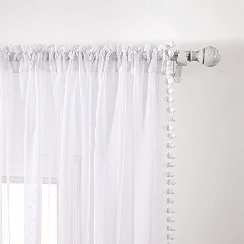 MIULEE Cortinas Bolsillo Poliéster Pom Translucida de Dormitorio Moderno Ventana Visillos Salon para Sala Cuarto Dormitorio Comedor Salon Cocina Salón de 2 Unidades 140 x 260cm Blanco