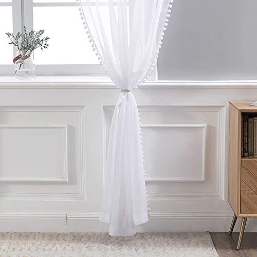 MIULEE Cortinas Bolsillo Poliéster Pom Translucida de Dormitorio Moderno Ventana Visillos Salon para Sala Cuarto Dormitorio Comedor Salon Cocina Salón de 2 Unidades 140 x 260cm Blanco