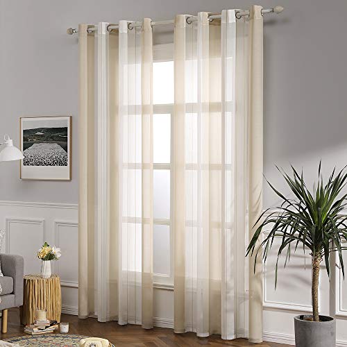 MIULEE Cortinas Translucida de Moderno Ventana Visillos Rayas Salon Paneles con Ojales para Sala Cuarto Comedor Salon Cocina Habitación 140 x 175 cm, 2 Unidades Blanco+Beige