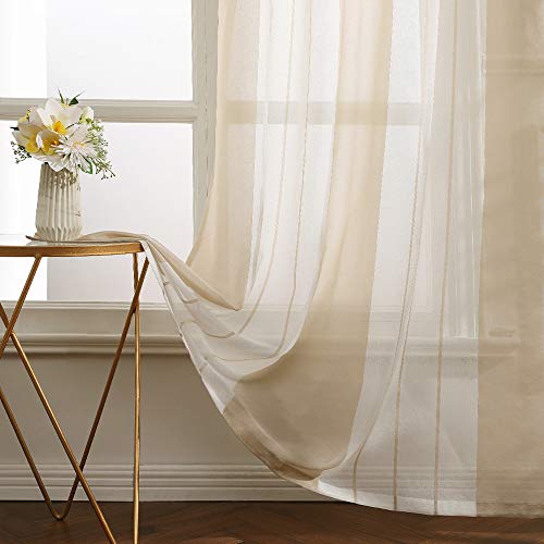 MIULEE Cortinas Translucida de Moderno Ventana Visillos Rayas Salon Paneles con Ojales para Sala Cuarto Comedor Salon Cocina Habitación 140 x 175 cm, 2 Unidades Blanco+Beige