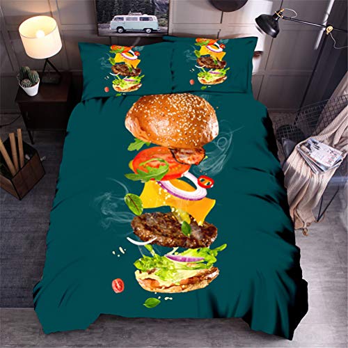 MIUNNG Chica Niño Creativo Ocio Comida Hamburguesa Rollo de Pollo Ensalada de Verduras Burrito Funda Nórdica Cómodo y Duradero Microfibra Ropa de Cama (Hamburguesa,180 × 220cm- Cama 105cm)