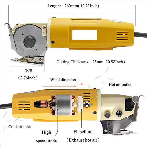 MJJ Cortador de Tela eléctrico con un Grosor máximo de Corte de 25 mm y una Velocidad de rotación de la Hoja de 2400 RPM y un tamaño de Hoja de 70 mm para Corte de Textiles/Cuero/Papel 220 V