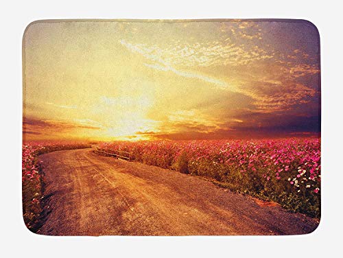 MLNHY Scenery Bath Mat, Floral Theme Landscape of Cosmos Flower Field in Sky Sunset Illustration, Plush Bathroom Decor Mat with Non Slip Backing, 23.6 W X 15.7 W Inches, Orange and Yellow