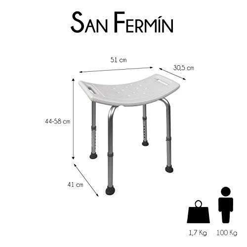 Mobiclinic, San Fermín, Silla o taburete de baño, de ducha, ortopédica, aluminio, altura regulable, respaldo, reposabrazos, conteras antideslizantes