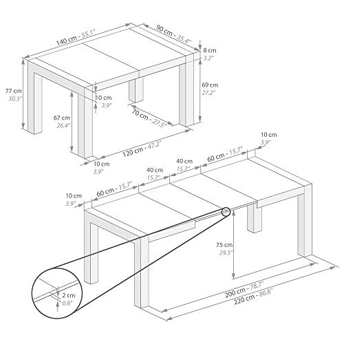 Mobili Fiver, Mesa de Cocina Extensible, Modelo Iacopo, Color Madera Rustica, 140 x 90 x 77 cm