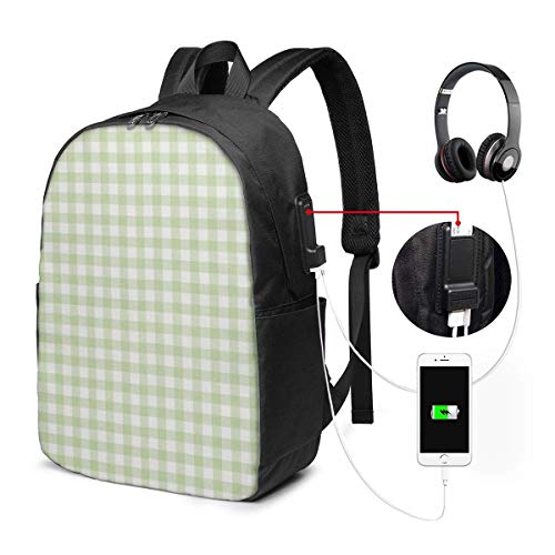 Mochila a Cuadros de Lino Verde Salvia para la Mochila de la Universidad del Estudiante de la Escuela con el Ordenador portátil Apto del Puerto de Carga USB