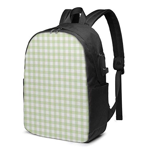 Mochila a Cuadros de Lino Verde Salvia para la Mochila de la Universidad del Estudiante de la Escuela con el Ordenador portátil Apto del Puerto de Carga USB