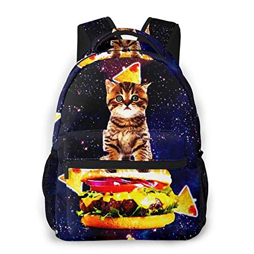 Mochila De Estudiante,Mochila Antirrobo,Mochila Escolar De Moda,Bolsa para La Escuela,Niños/Adultos Bolsa Funcional,Bloc De Notas,Space Kitty Cat Riding Burger con Nachos