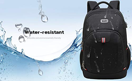 Mochila Hombre con Puerto de USB, WAWJ 17 Pulgadas Mochila de Portátil Impermeable Antirrobo Negro Mochila Escolares