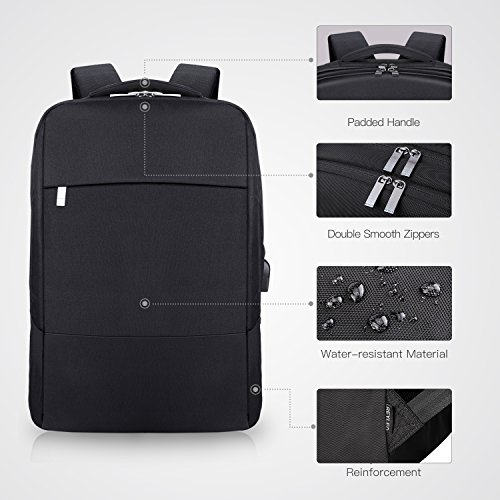 Mochila para Portátil, REYLEO Mochila Negocio Impermeable con Puerto de USB para Hombre Mujer Estudiante - Negro