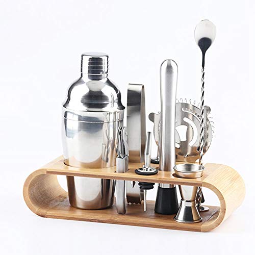 Moda Kit Cocteleria Profesional 10 Piezas Juego de Coctelería Acero Inoxidable Cocteleras de Cóctel Set Cocktail con Soporte Kit para Hacer Cócteles,Plata (Size : 550ml)