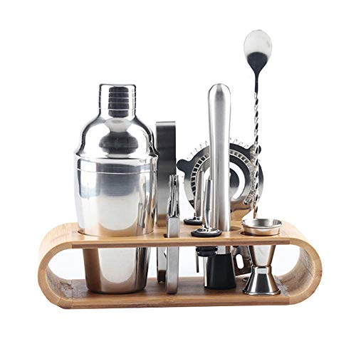 Moda Kit Cocteleria Profesional 10 Piezas Juego de Coctelería Acero Inoxidable Cocteleras de Cóctel Set Cocktail con Soporte Kit para Hacer Cócteles,Plata (Size : 550ml)