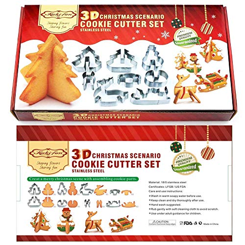 Molde de galletas navideñas - WENTS 16 Piezas Christmas Stainless Steel 3D Cookie Cutter DIY Muñeco de nieve Árbol de Navidad Trineo Decoración para Fiesta vacaciones(en caja)