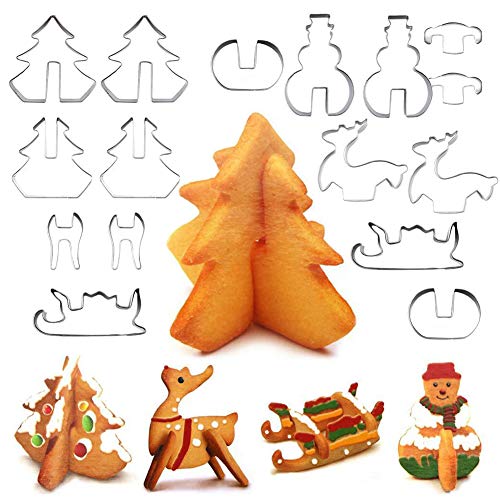 Molde de galletas navideñas - WENTS 16 Piezas Christmas Stainless Steel 3D Cookie Cutter DIY Muñeco de nieve Árbol de Navidad Trineo Decoración para Fiesta vacaciones(en caja)