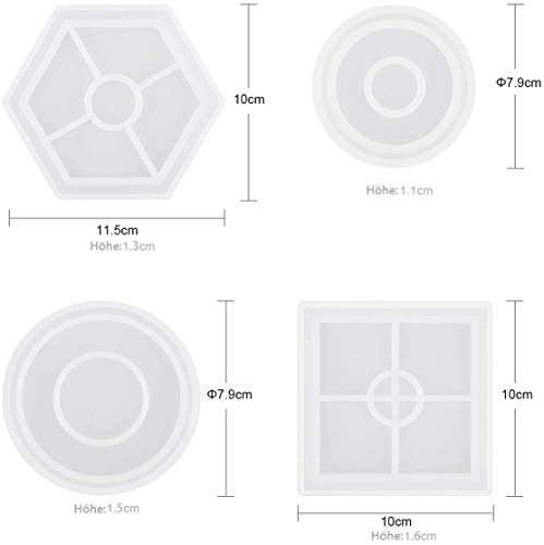 Molde de Silicona Para Posavasos de Bricolaje, 4 Moldes de Resina Epoxi Molde de Posavasos Para Fundir Moldes de Posavasos Redondos Cuadrados Hexagonales con Resina, HormigóN, Cemento