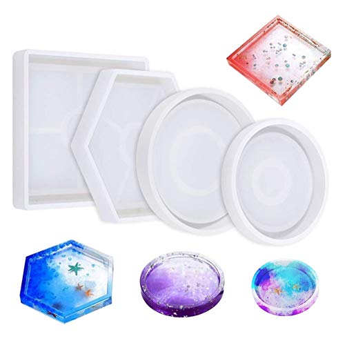 Molde de Silicona Para Posavasos de Bricolaje, 4 Moldes de Resina Epoxi Molde de Posavasos Para Fundir Moldes de Posavasos Redondos Cuadrados Hexagonales con Resina, HormigóN, Cemento