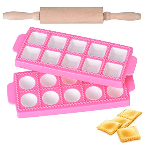 Molde para raviolines redondos, molde de plástico para raviolis, 2 moldes para raviolis (redondos + cuadrados), con 1 rodillo de madera, para cocina de pizza, arcilla, pasta, galletas, gnocchi