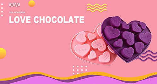 Moldes de Silicona de Chocolate, 2 Paquetes de Moldes Antiadherentes en Forma de Corazón Bandeja para Hornear, Moldes de Proteínas y Barritas Energéticas, para Dulces de Pastel (Rosa + Púrpura)