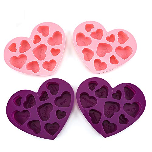 Moldes de Silicona de Chocolate, 2 Paquetes de Moldes Antiadherentes en Forma de Corazón Bandeja para Hornear, Moldes de Proteínas y Barritas Energéticas, para Dulces de Pastel (Rosa + Púrpura)