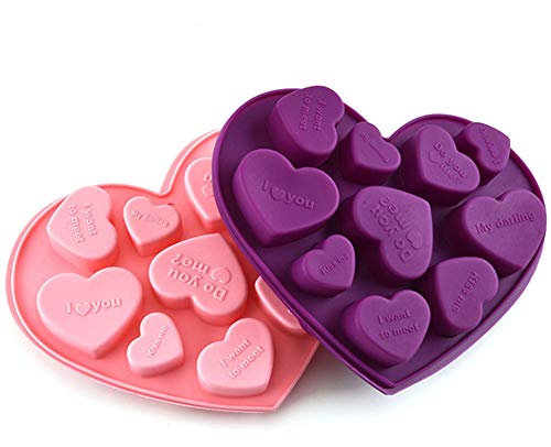 Moldes de Silicona de Chocolate, 2 Paquetes de Moldes Antiadherentes en Forma de Corazón Bandeja para Hornear, Moldes de Proteínas y Barritas Energéticas, para Dulces de Pastel (Rosa + Púrpura)