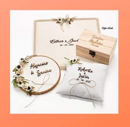 Momparler1870 Pack Especial Bodas Personalizado - Conjunto de Caja de Madera para Arras y Bastidor para alianzas *Rustic Brown*