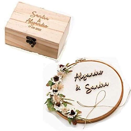 Momparler1870 Pack Especial Bodas Personalizado - Conjunto de Caja de Madera para Arras y Bastidor para alianzas *Rustic Brown*