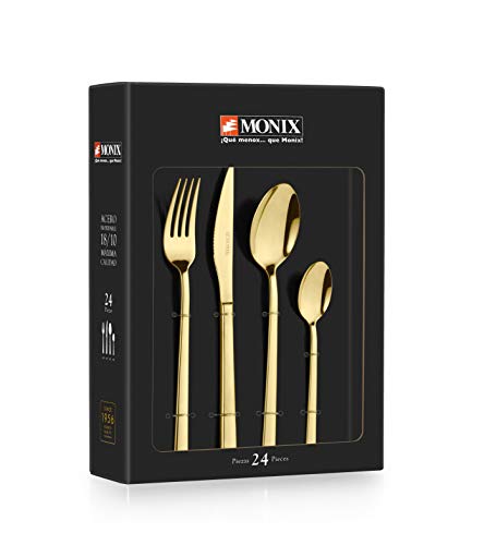 Monix Verona Gold - Set de cubiertos de 24 piezas, acero inoxidable 18/10, diseño vanguardista y moderno,acabado pulido brillante dorado, espesor 3 mm (6 comensales)