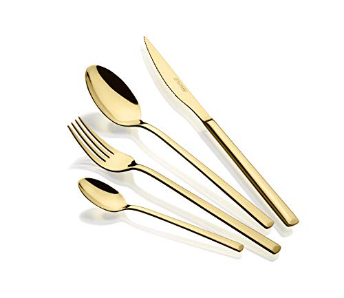 Monix Verona Gold - Set de cubiertos de 24 piezas, acero inoxidable 18/10, diseño vanguardista y moderno,acabado pulido brillante dorado, espesor 3 mm (6 comensales)