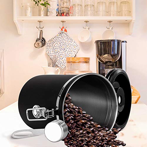 Movaty Bote para café con cuchara, Café hermética, contenedor de café de acero inoxidable, aroma lata, bote, vacío lata (Negro（21oz）)