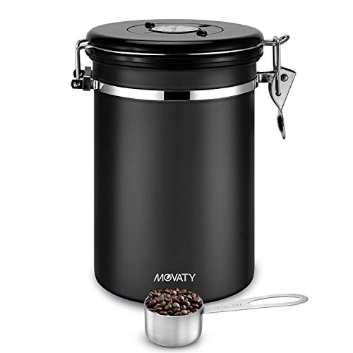 Movaty Bote para café con cuchara, Café hermética, contenedor de café de acero inoxidable, aroma lata, bote, vacío lata (Negro（21oz）)