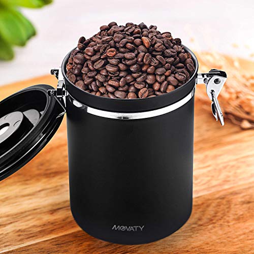 Movaty Bote para café con cuchara, Café hermética, contenedor de café de acero inoxidable, aroma lata, bote, vacío lata (Negro（21oz）)