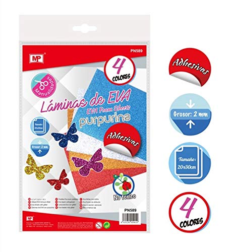 MP Pack 4 Hojas Goma Eva 2 mm, 200 x 300 mm, Multicolor (Goma Eva Con Purpurina Adhesivo)