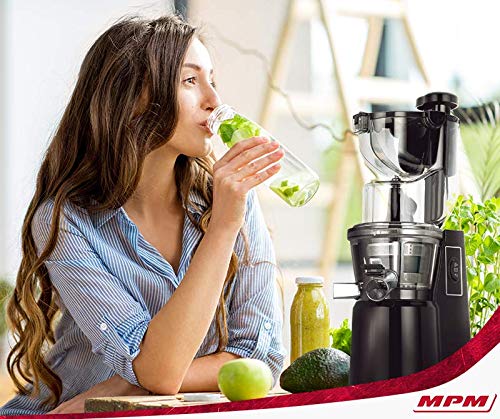 MPM MSO-16 Licuadora prensado en frío para Verduras y Frutas, Baja Velocidad 60RPM, Slow Juicer, 2 tamaños de Malla función inversa, 200W, 200 W, 1 Liter, Negro