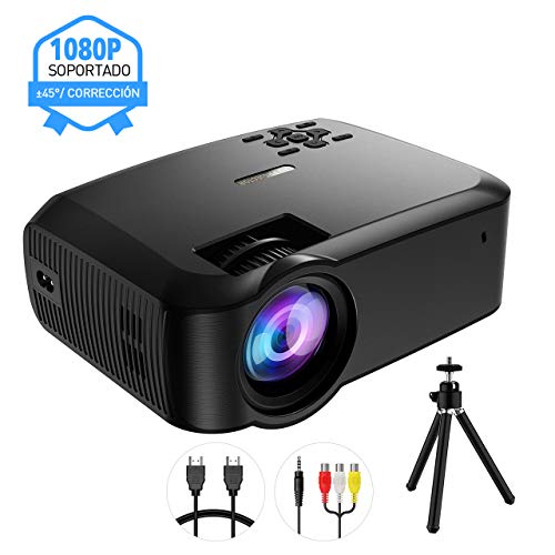 Mpow Proyector Full HD con Trípode, 3200 Lúmenes LED 1280 * 720P Mini Proyector Portátil Multimedia Cine en Casa ±45° con HDMI VGA AV USB Puertos MicroSD para TV, Videojuegos, Películas, Partidos