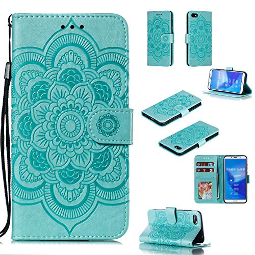 MRSTER Funda para Huawei Y5 2018, Estampado Mandala Libro de Cuero Billetera Carcasa, PU Leather Flip Folio Case Compatible con Huawei Y5 2018 / Honor 7S. LD Mandala Green