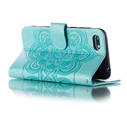 MRSTER Funda para Huawei Y5 2018, Estampado Mandala Libro de Cuero Billetera Carcasa, PU Leather Flip Folio Case Compatible con Huawei Y5 2018 / Honor 7S. LD Mandala Green